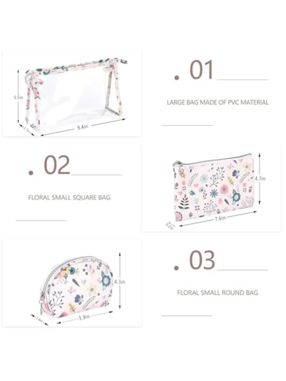 Makeup Bag, Clear Bag with Zipper 3PC Floral Flowers Makeup Pouch